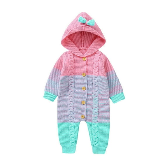 Baby Bodysuit Autumn and Winter New Baby Knitted Color Matching Jumpsuit Climbing Clothes for Baby Girls Cute Bow Tie Pink, 0-1 Months
