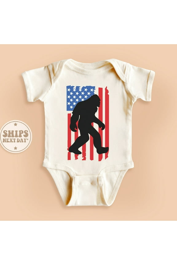 Baby Bodysuit BELLA CANVAS Big Foot Onesie, American Flag Onesie, Sasquatch Baby Bodysuit, Funny Natural Baby Gifts