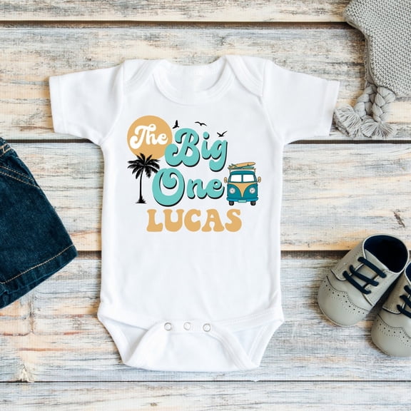 Baby Bodysuit BELLA CANVAS The Big One First Birthday Boy, Surf 1St Birthday, Boys Surfing Birthday Shirt Or Bodysuit, Surfer Retro, Cake Smash Outfit, Ocean Themed