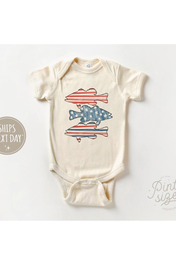 Baby Bodysuit BELLA CANVAS Boys Fourth Of July Onesie - Patriotic Bass Baby Onesie - American Flag Baby Bodysuit - Fourth Of July Natural Baby Onesie