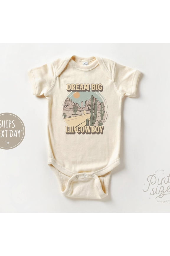 Baby Bodysuit BELLA CANVAS Dream Big Little Cowboy Onesie - Cute Western Bodysuit - Vintage Natural Baby Onesie