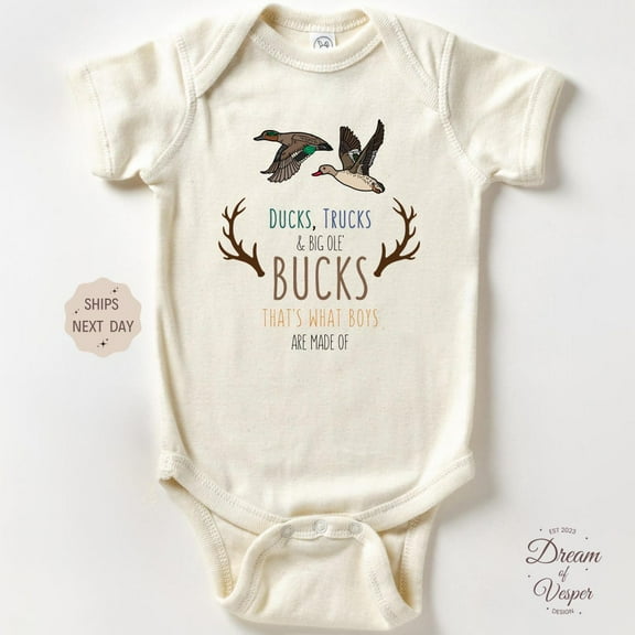 Baby Bodysuit BELLA CANVAS Ducks Trucks & Big Ole' Bucks Onesie, Deer Hunting Onesie Duck Hunting Bodysuit, New Baby Gift, Little Boys Onesie, Natural Baby Onesie