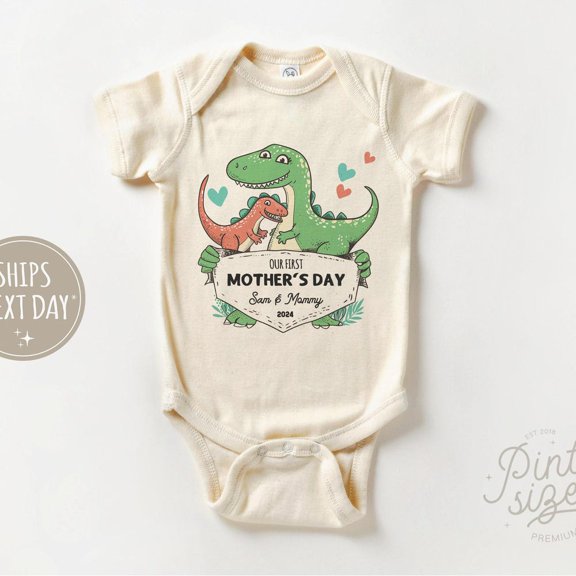Baby Bodysuit BELLA CANVAS Our First Mother'S Day Baby Onesie - Cute Dinosaur Onesie - 2025 Mothers Day Natural Bodysuit - Mother'S Day Gift - First Mothers Day