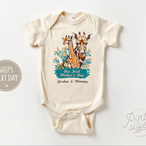 Baby Bodysuit BELLA CANVAS Our First Mother'S Day Baby Onesie - Cute Giraffe Onesie - 2025 Mothers Day Natural Bodysuit - Mother'S Day Gift - First Mothers Day