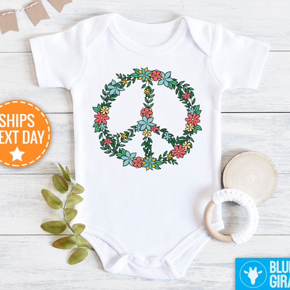 Baby Bodysuit BELLA CANVAS Floral Peace Sign Onesie, Boho Baby Clothes, Peace Sign Baby Onesie, Hippie Baby Onesie, Baby Shower Gift For Girl, Baby Girl Clothes