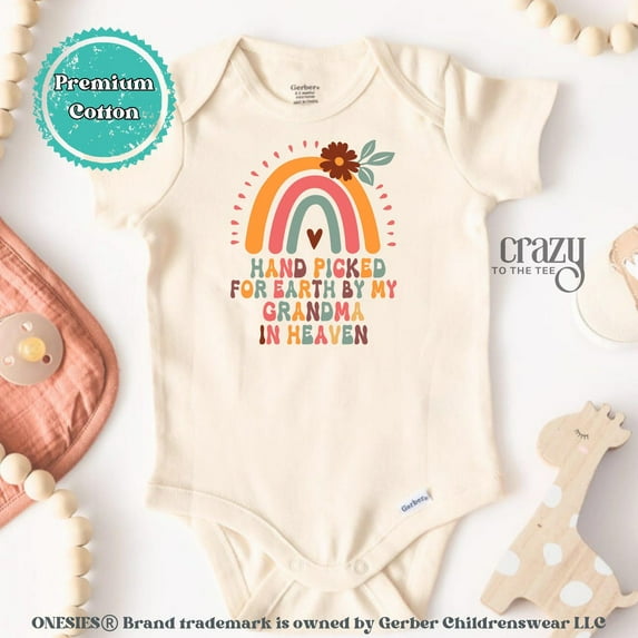Baby Bodysuit BELLA CANVAS Hand Picked For Earth By My Grandma In Heaven Baby Onesie Bodysuit, Baby Announcement Onesie, Religious Baby Onesie