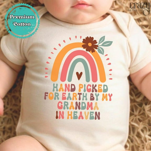 Baby Bodysuit BELLA CANVAS Hand Picked For Earth By My Grandma In Heaven Baby Onesie Bodysuit, Baby Announcement Onesie, Religious Baby Onesie