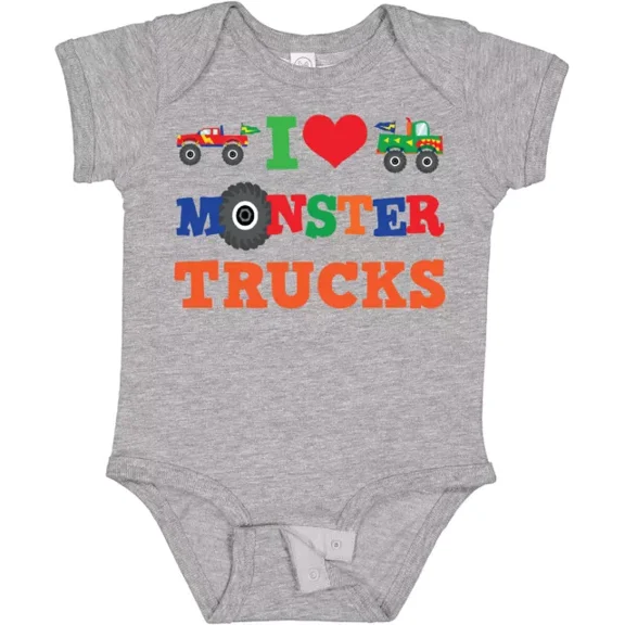 Baby Bodysuit BELLA CANVAS I Love Monster Trucks Baby Bodysuit Truck Heart Transportation Racing