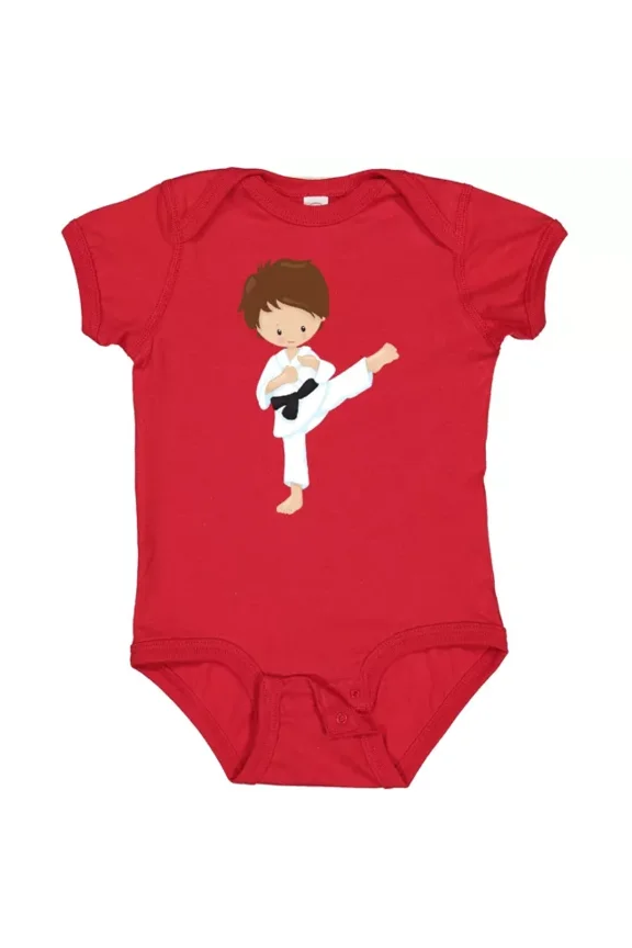 Baby Bodysuit BELLA CANVAS Karate Boy, Cute Boy, Brown Hair, Black Belt Baby Bodysuit Little Dojo