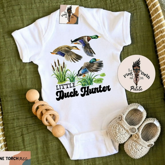 Baby Bodysuit BELLA CANVAS Little Duck Hunter Bodysuit, Retro Duck Duck Goose Baby Shower Gift, Hunting Baby, Mallard Duck Hunter Shirt, Duck Pregnancy Announcement