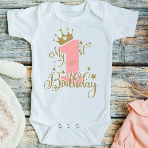 Baby Bodysuit BELLA CANVAS Pink And Gold 1St Birthday Shirt, Princess Birthday Party, 1 Years Old Birthday Gift, Girls First Birthday T-Shirt, Crown Shirt Or Bodysuit