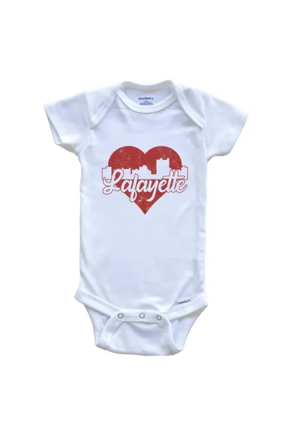 Baby Bodysuit BELLA CANVAS Retro Lafayette Louisiana Skyline Red Heart One Piece Baby Bodysuit