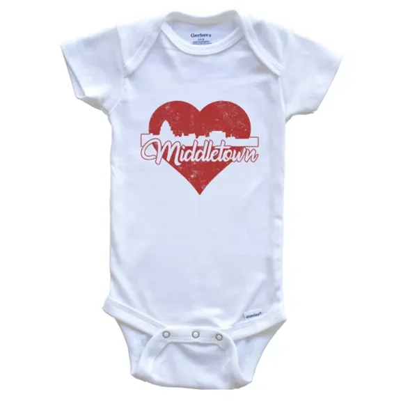 Baby Bodysuit BELLA CANVAS Retro Middletown Connecticut Skyline Red Heart One Piece Baby Bodysuit