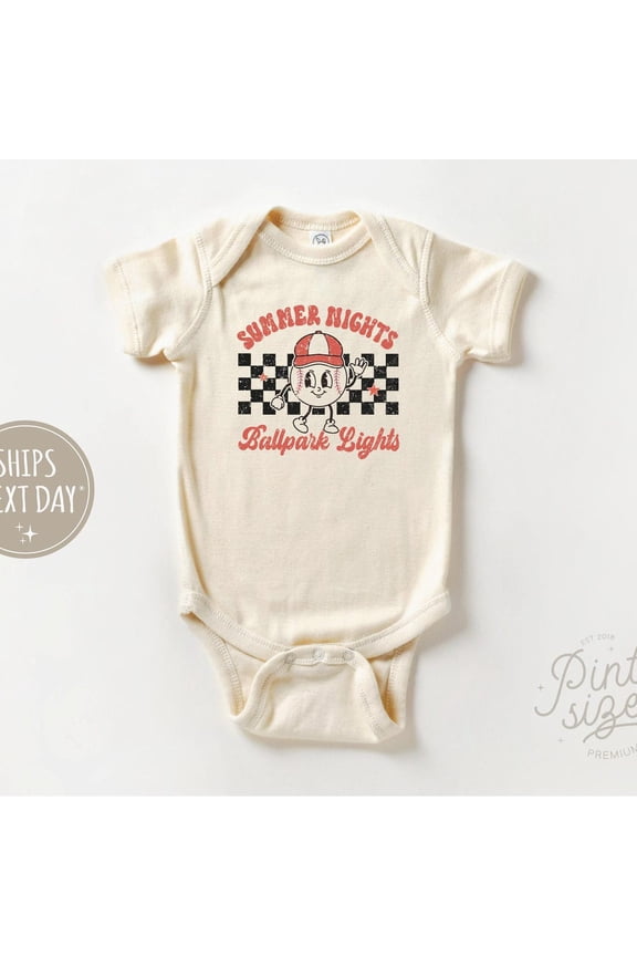 Baby Bodysuit BELLA CANVAS Summer Nights Ballpark Nights Onesie - Retro Baseball Bodysuit - Summer Natural Baby Onesie