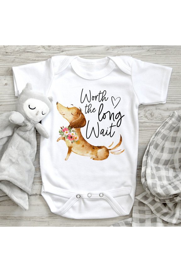 Baby Bodysuit BELLA CANVAS Worth The Wait Onesie - Pregnancy Reveal - Dachshund Onesie - Cute Baby Clothes - Baby Shower Gift