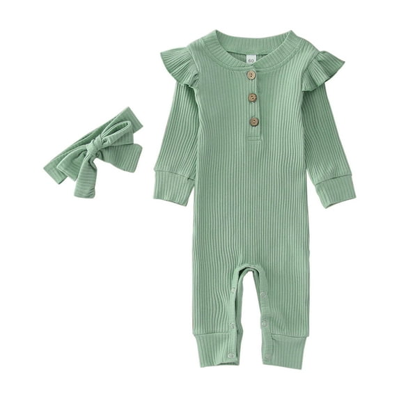 Baby Bodysuit Dress Girls Winter Long Sleeve Jumpsuit Ribbed Solid Color Outwear with Headbands Fall Clothes Green, 3-6 Months