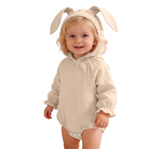 Baby Bodysuit Easter Bunny Design Long Sleeve Snaps Jumpsuit Soft Daily Wear for Toddler Girls Beige 6 Months-12 Months