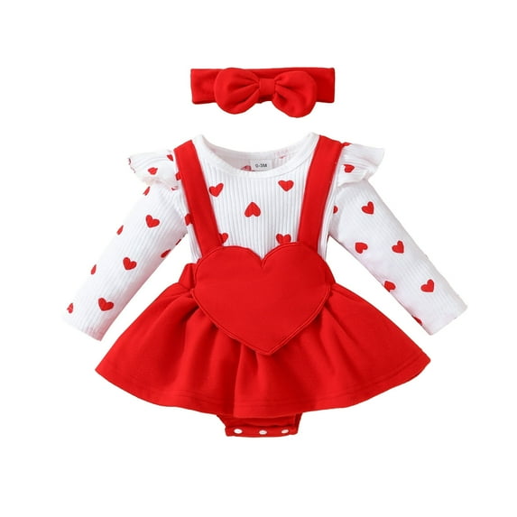 Baby Bodysuit Girls Long Sleeve Valentine'S Day Ribbed Heart Prints Jumpsuit Dress Headbands Baby Girl Romper Red 0 Months-3 Months