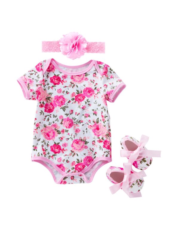 Baby Bodysuit Girls Short Sleeved Floral Pattern Headband Shoes Outside Jumpsuit Clothes Baby Girl Romper B 3 Months-6 Months