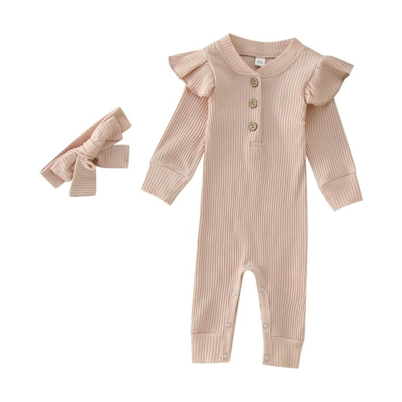Baby Bodysuit Girls Winter Long Sleeve Jumpsuit Ribbed Solid Color Outwear with Headbands Fall Clothes Pink, 9-12 Months