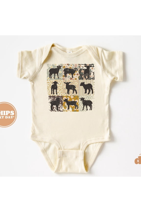Baby Bodysuit, Group Of Cute Little Lambs Bodysuit, Flower Cow Retro Baby Bodysuit Cute Baby Onesie, BABY BODYSUIT LAT 4424