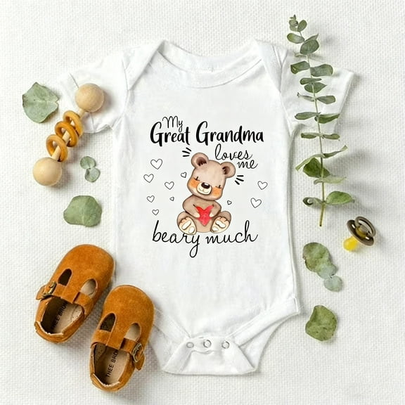 Baby Bodysuit or Onesie with "BEARY MUCH" Great Grandma Quote, Cute Bear Print White Romper, Newborn Essentials & Sentimental Gift from Great Grandchild
