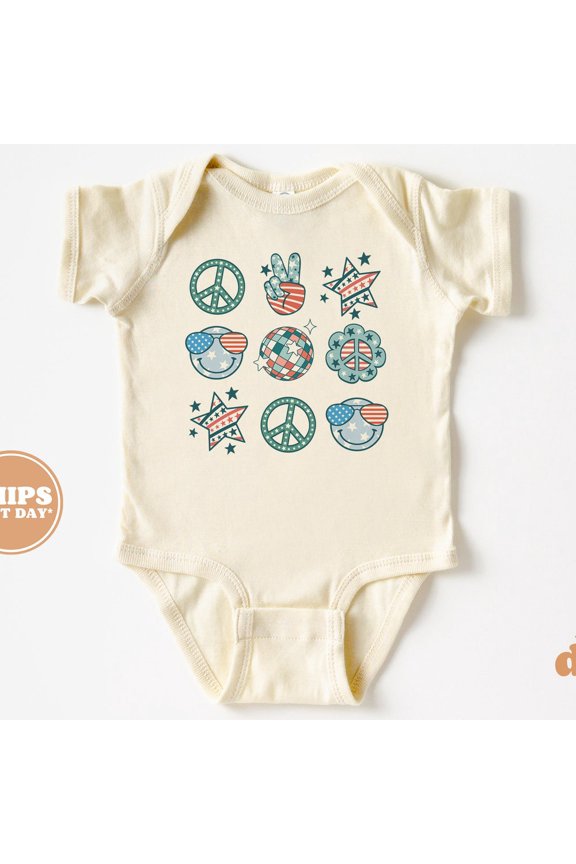 Baby Bodysuit, Peace Finger Stars And Stripes 4Th Of July Bodysuit, Baby Boy Retro Flag Baby Bodysuit Cute Baby Onesie, BABY BODYSUIT LAT 4424