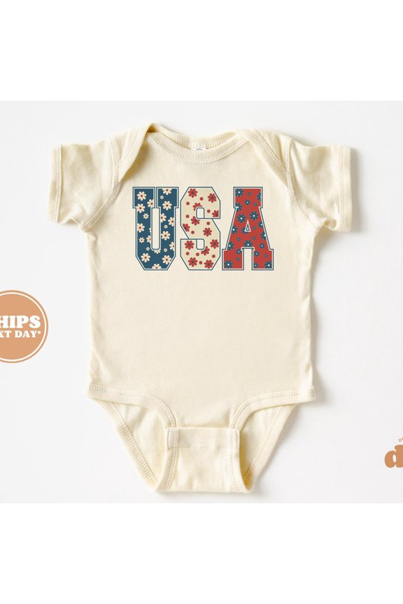 Baby Bodysuit, Usa Flag Floral, Indigo 4Th Of July Shirts & Bodysuit, Memorial Day Flag Shirts For Babies Cute Baby Onesie, BABY BODYSUIT LAT 4424