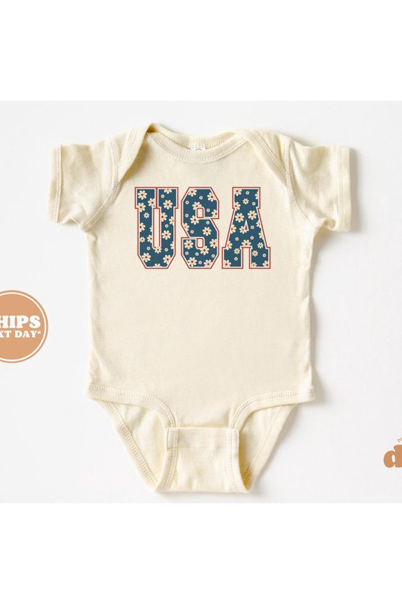 Baby Bodysuit, Usa Floral, Indigo 4Th Of July Shirts & Bodysuit, Memorial Day Flag Shirts For Babies Cute Baby Onesie, BABY BODYSUIT LAT 4424