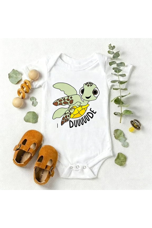 Baby Bodysuit or Onesie with Funny "I DUUUUDE" Turtle Print, Surfer Theme Short Sleeve Romper, Unisex Infant Gift for Baby Shower, Newborn Clothes