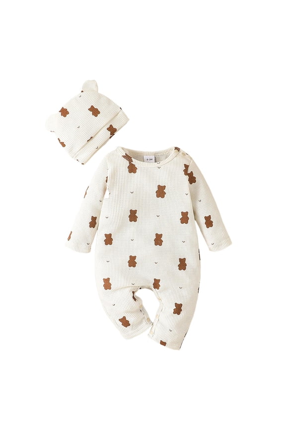 Baby Bodysuits Boy Unisex Clothing Boys Girls Long Sleeve Cartoon Bear Prints Romper Bodysuits Jumpsuit Outwear with Hat Outfits(Beige,0-3 Months)