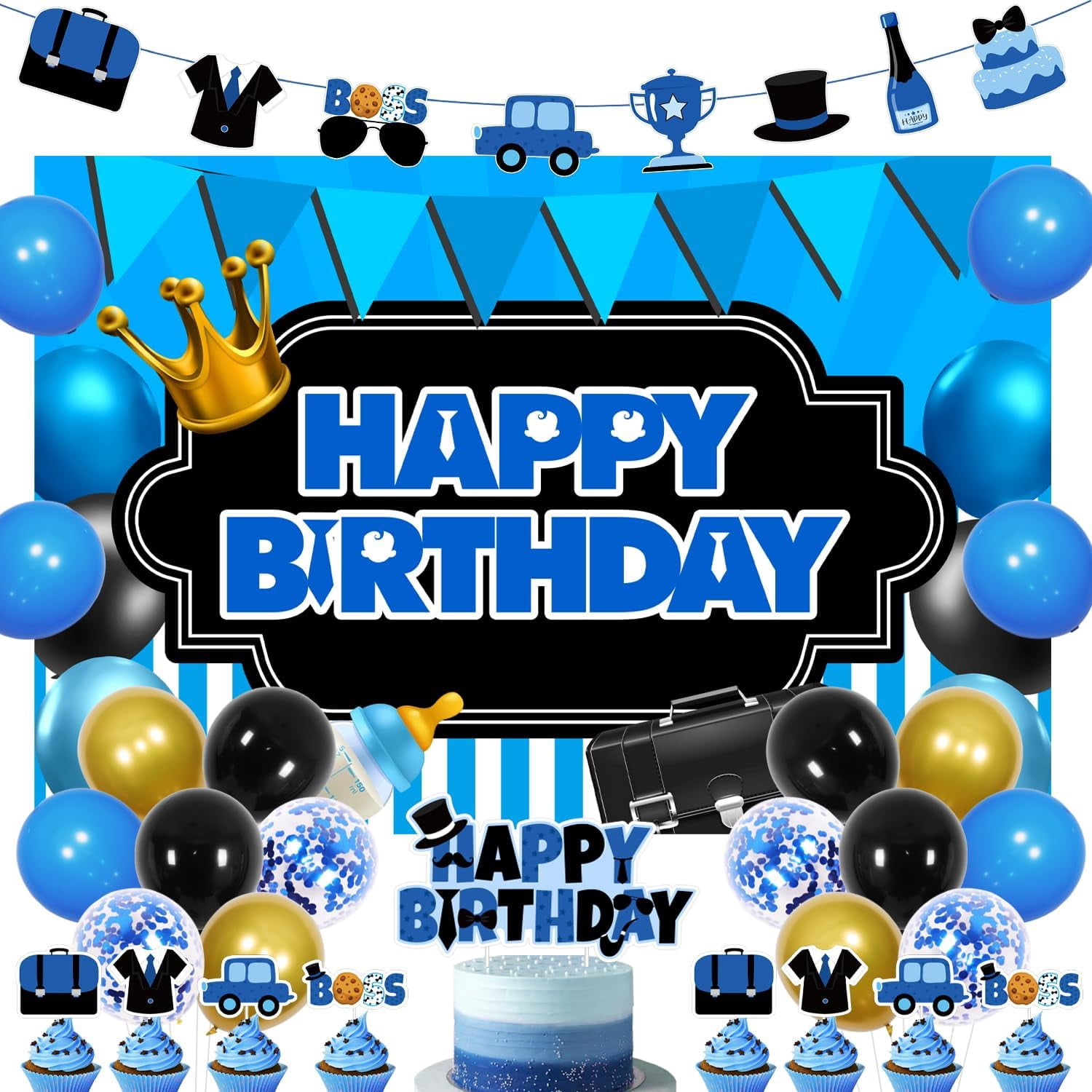 Baby Boss Birthday Party Decorations Blue Black Happy Birthday Backdrop ...