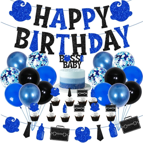 Baby Boss Theme Birthday Decorations for Boys, Glitter Happy Birthday Tie Briefcase Banner, Blue and Black Latex Balloons for Boss Baby Birthday Party Baby Shower Supplies