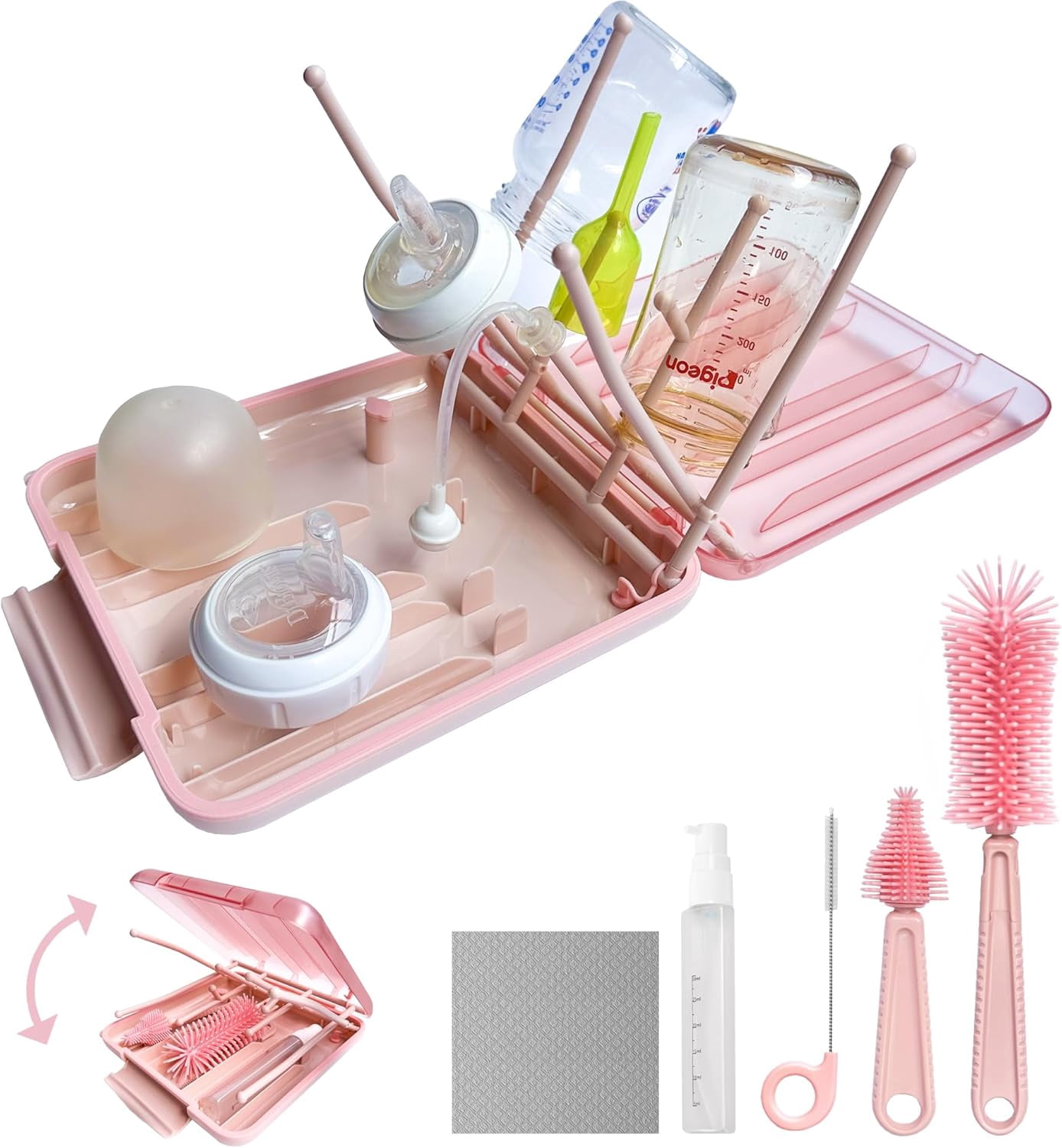 Baby Bottle Brush, 7 in 1 Travel Bottle Cleaner Kit with Silicone Bottle Brush, Nipple Brush, Straw Brush, Soap Dispenser, Bottle Drying Rack, Dishcloths, Portable Essentials for Home and Travel-Pink