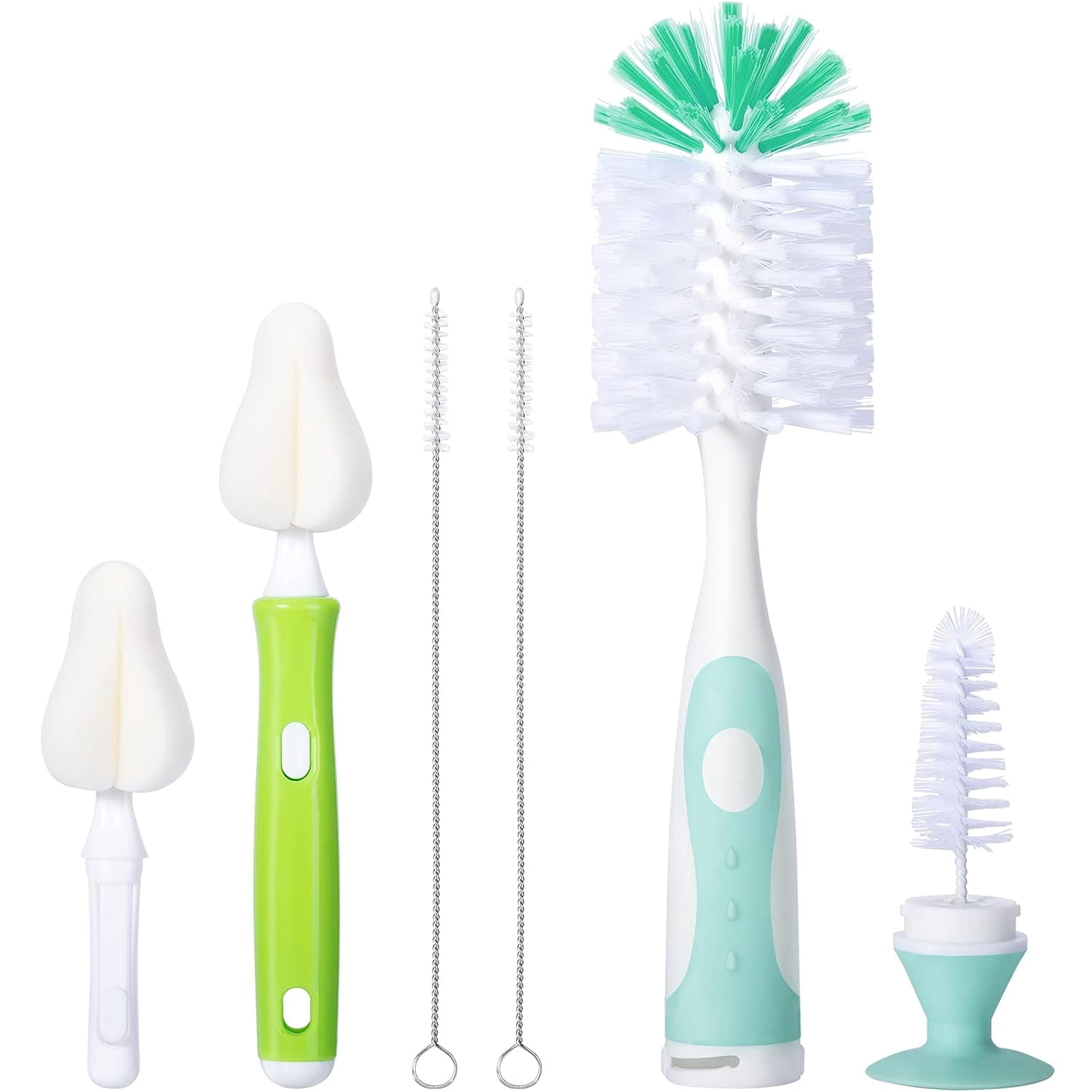 Baby Bottle Brush with One Base Hidden Nylon Nipple Cleaner, 2 Pcs Sponge Nipple Brushes, 2 Pcs Straw Brushes, Bottle Brush with Nipple Cleaner and Suction Cup (Gray)
