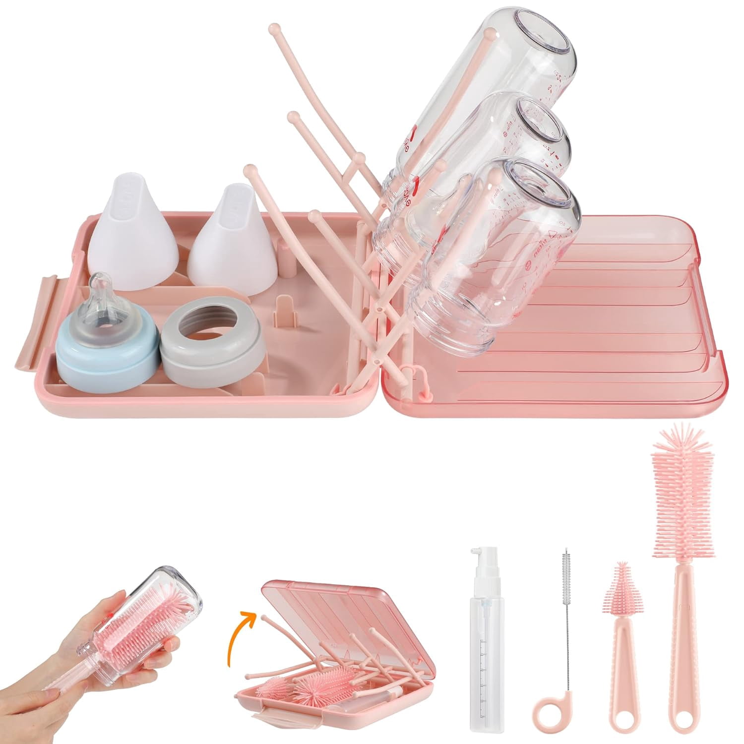 Baby Bottle Brush Set-6 in 1 Bottle Brush Cleaner with Silicone Bottle Brush,Drying Rack,Nipple Brush,Straw Brush,Soap Dispenser&Storage Box-Baby Essentials Gifts for Home&Travel(Pink)