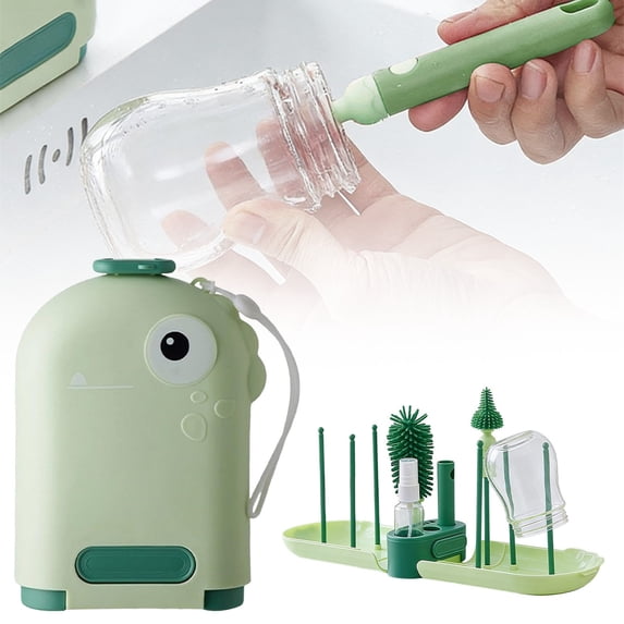 Baby Bottle Brush Set 6-in-1 – Nipple & Cup Cleaning Brushes with Storage Box and Drying Rack, Portable Bottle Cleaner Kit with Soft Bristles for Feeding, Home & Travel, Green