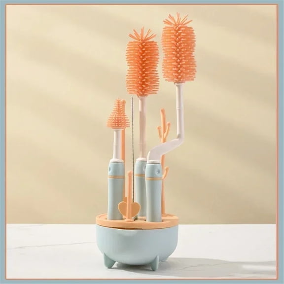 Baby Bottle Brush Set With Drying Rack | 360° Rotating Silicone Cleaning Brush With Long Handle | Gentle Nipple Cleaner For Infant Feeding Bottles & Sippy Cups