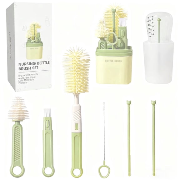 OFEFE Baby Bottle Brush Set-Travel Bottle Cleaner Kit with Silicone Brush,Drying Rack,Nipple Brush,Straw Brush,Bottle Mouth Brush,Storage Box-6 in 1 Portable Bottle Washing Kit