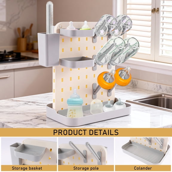 Baby Bottle Drying Rack Large Capacity Bottle Dryer Holder Space Saving Drying Rack for Baby Bottles and Cleaning Supplies (White Grey)