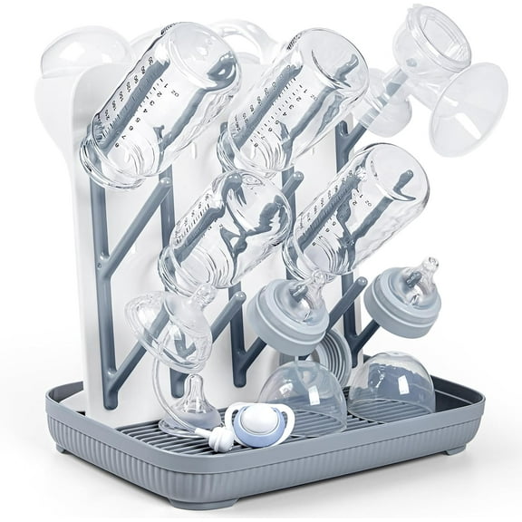 Baby Bottle Drying Rack: Large Vertical Bottle Dryer Rack Holder - Space Saving Standing Drying Rack for Baby Bottles and Pump Part Cleaning (Gray)