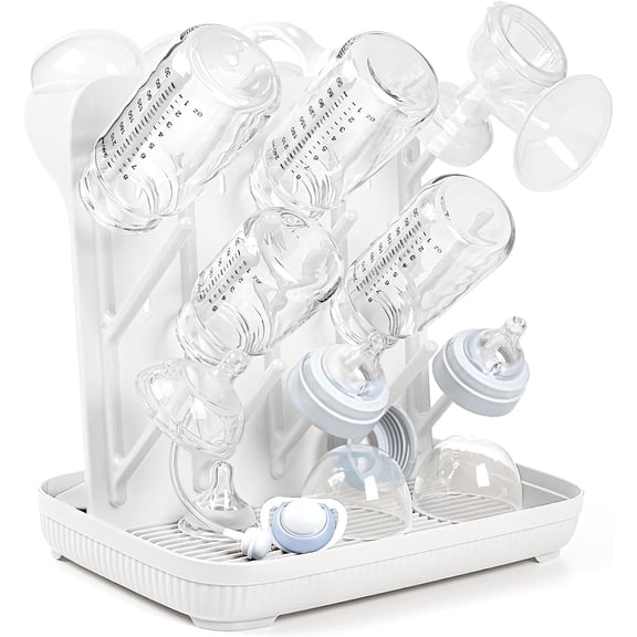 Baby Bottle Drying Rack: Large Vertical Bottle Dryer Rack Holder - Space Saving Standing Drying Rack for Baby Bottles and Pump Part Cleaning (White)