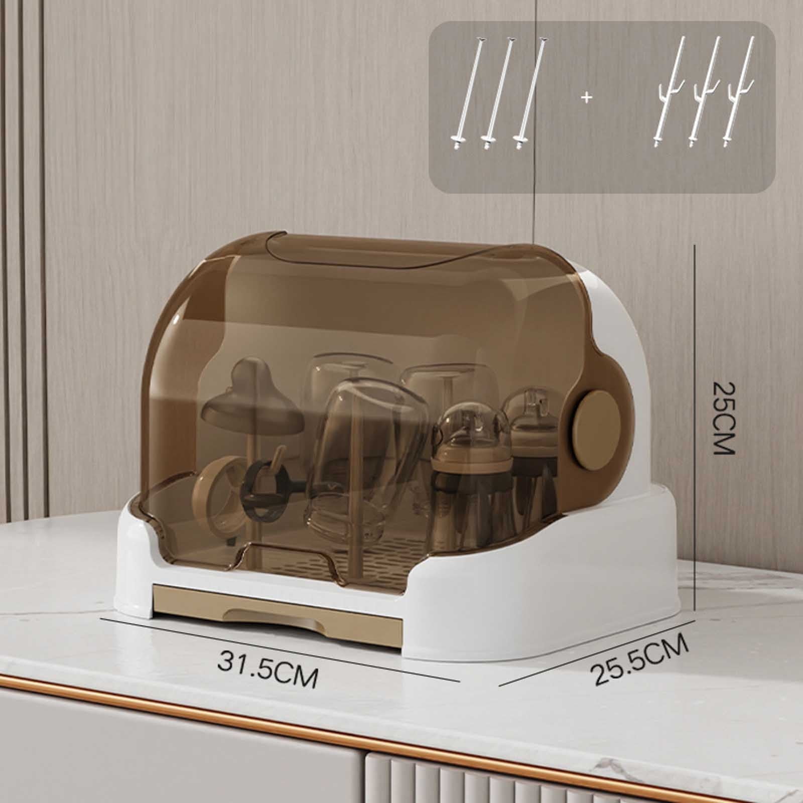 Durable Baby Bottle Drying Rack With Dust-Proof Cabinet, Countertop Storage, Drip Tray