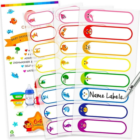Baby Bottle Labels for Daycare, Self-Laminating, Waterproof Write-On Name Labels, Assorted Sizes & Colors, Pack of 64 C25