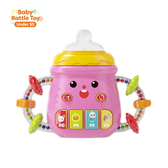 Baby Bottle Light Up Musical Rattle Teether Toy, Infant Sensory Soothing Developmental Toy, Multifunctional Early Learning Play Toy for Newborns Boys Girls, Calming Bedtime Baby Shower Gift, Pink