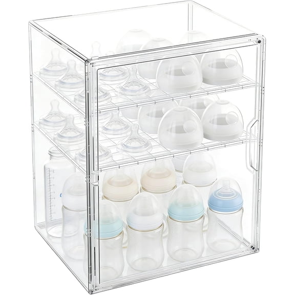Baby Bottle Organizer, 3 Tiers Adjustable Clear Acrylic Storage Station Case Box Container for Bottles, Pacifiers, Pump Parts, Bottle Organizer Baby for Countertop and Cabinet