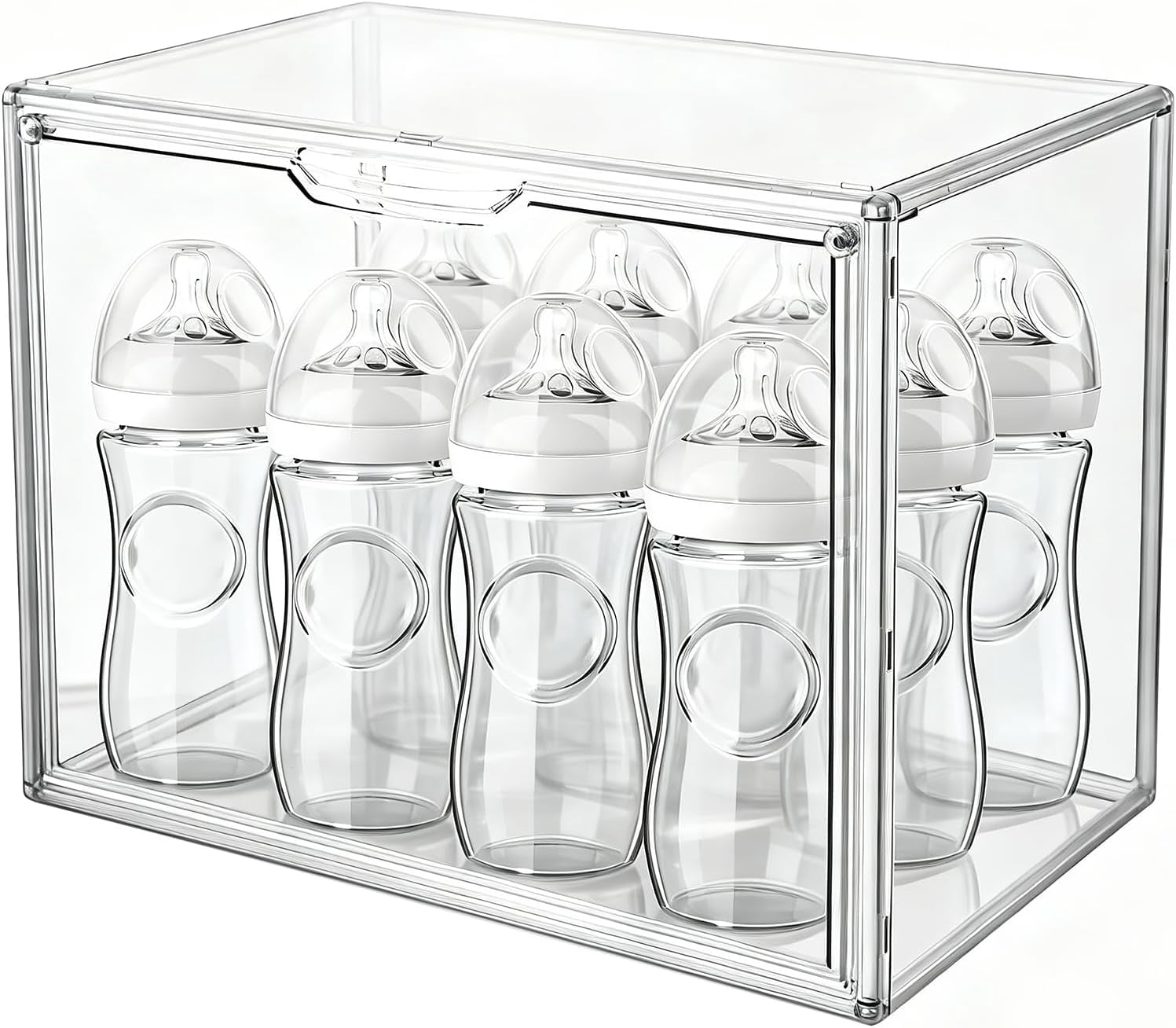 Baby Bottle Organizer, Stackable Clear Cabinet And Countertop Storage Bin With Magnetic Door For Bottles, Pacifiers And Pump Parts, Clear