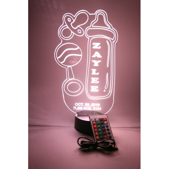 Baby Bottle & Rattle Night Light Up Lamp Personalized LED Nursery Decor Baby Gift LED Free Engraved Custom Name and Birthday With Remote, 16 Color Options, Dimmer, It's WOW, Great Baby Gift