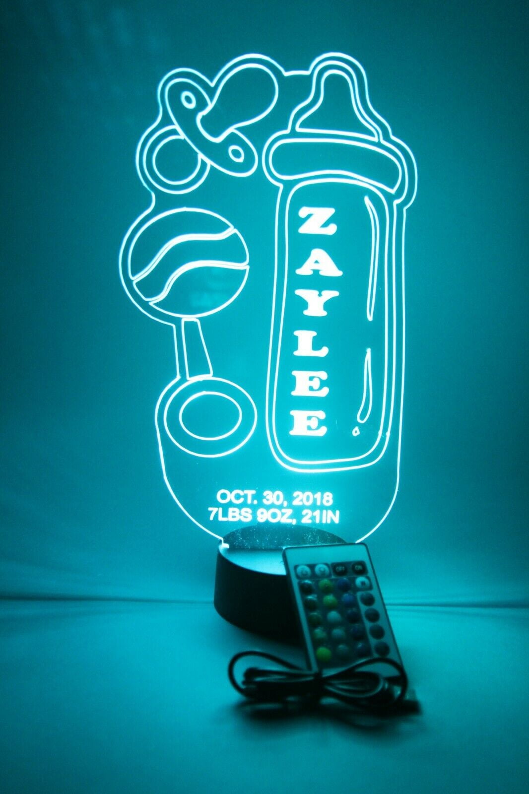 Baby Bottle & Rattle Night Light Up Lamp Personalized LED Nursery Decor Baby Gift LED Free Engraved Custom Name and Birthday With Remote, 16 Color Options, Dimmer, It's WOW, Great Newborn Baby Gift