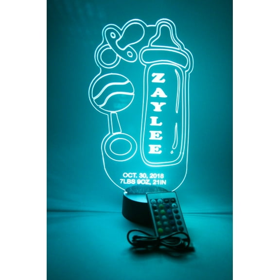 Baby Bottle & Rattle Night Light Up Lamp Personalized LED Nursery Decor Baby Gift LED Free Engraved Custom Name and Birthday With Remote, 16 Color Options, Dimmer, It's WOW, Great Newborn Baby Gift